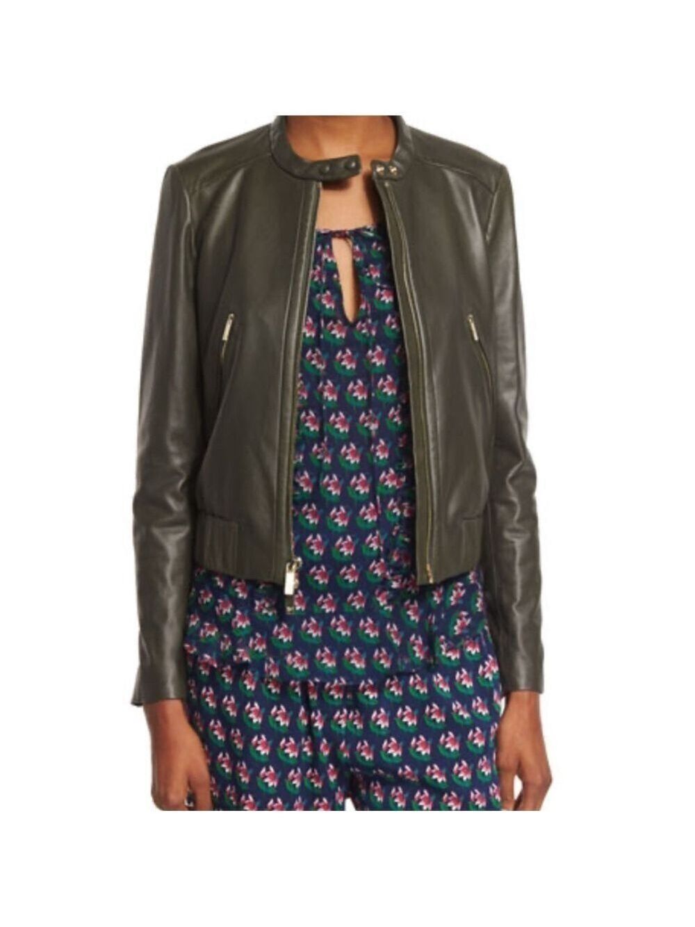Diane Von Furstenberg green buckley leather biker moto jacket in Deep Lichen S
